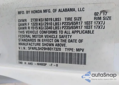 2017 Honda Odyssey Lx из США, поврежденный, VIN 5FNRL5H29HB017328